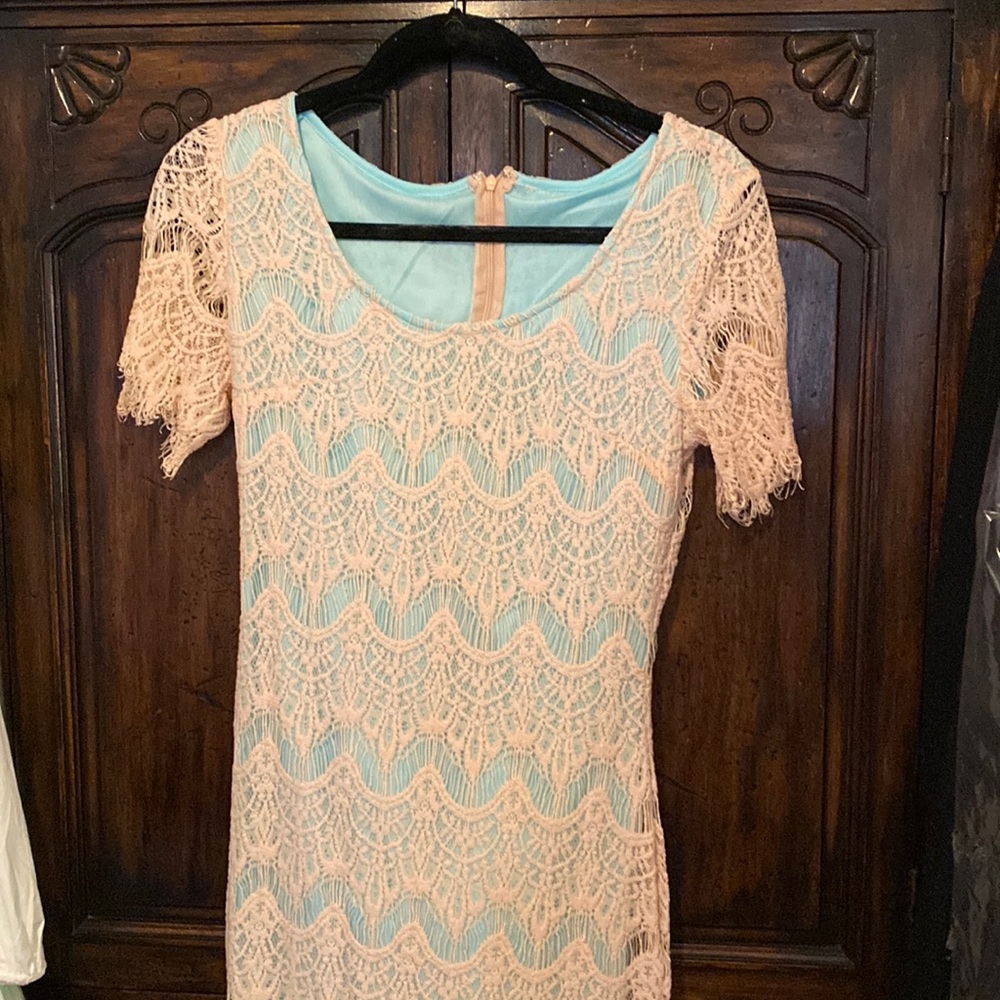 Pink lace over turquoise mini dress